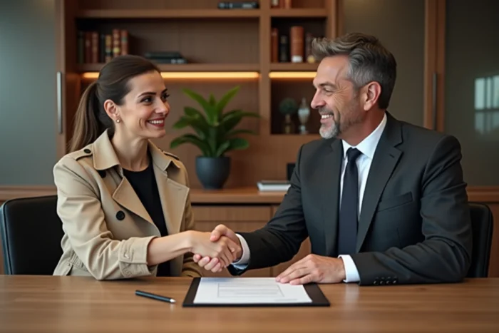 Deux professionnels signant un contrat commercial après une négociation réussie de conversion de lead