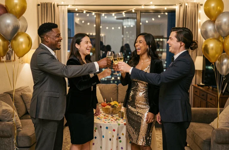 Groupe d'amis portant un toast au champagne lors d'une soirée du Nouvel An 2026 dans un appartement décoré