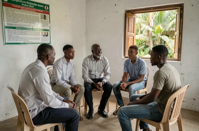 Psychologue malgache animant une séance de thérapie de groupe dans un centre communautaire