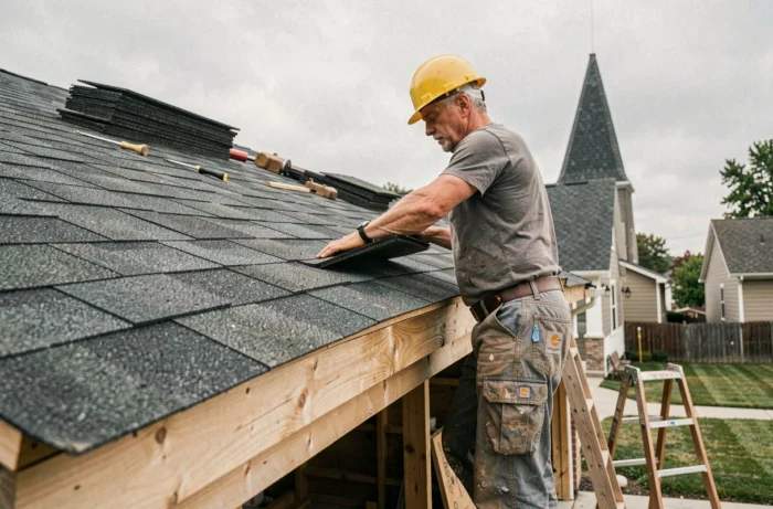 Couvreur posant des bardeaux d'asphalte sur une toiture de garage transformée en toit à pente