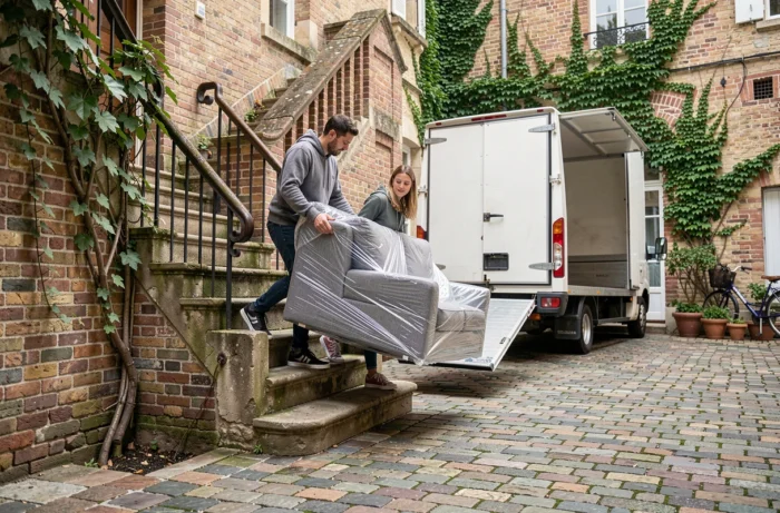 Deux personnes portant un canapé emballé dans l'escalier d'une maison lors d'un déménagement avec camion