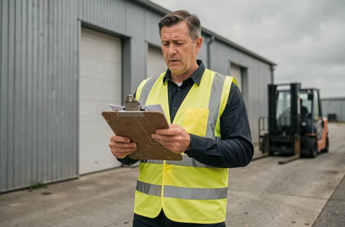 Travailleur intérimaire en gilet de sécurité consultant des documents de mission devant un entrepôt industriel