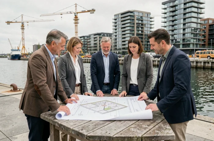 Architectes et urbanistes étudiant les plans du projet Nouveau Rivage devant un chantier de construction en bord de quai