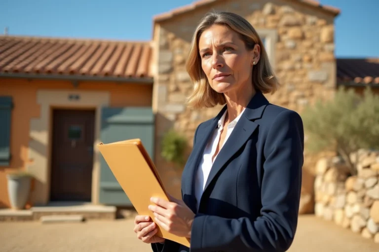 Femme tenant des documents devant une maison en pierre typique de l'Aude lors d'une vente immobilière urgente après divorce