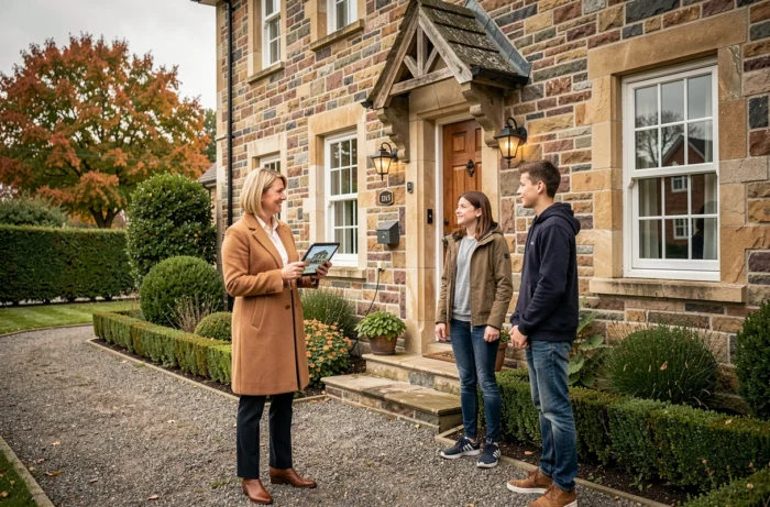 Agente immobilière présentant une maison en pierre à une famille lors d'une visite en extérieur en automne