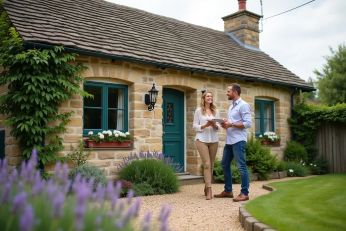 Couple visitant une petite maison avec jardin à louer entre particuliers