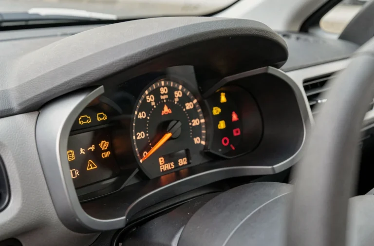Voyants du tableau de bord Citroën C3 allumés en orange et rouge, vue rapprochée des indicateurs d'avertissement