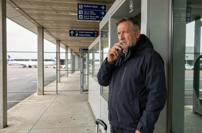 Voyageur utilisant la zone fumeur extérieure de l'aéroport de Nantes avant l'embarquement